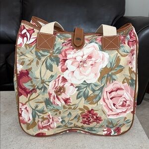 Vintage Floral Canvas Tote Bag with Leather Accents